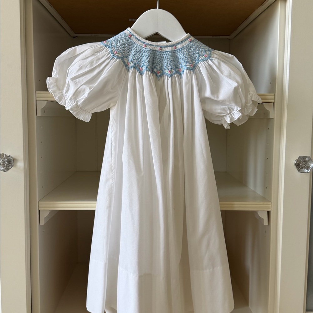 White Bishop Dress with Blue Smocked Collar